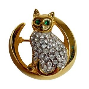 Vintage Gold Toned Green Eyed Cat On Moon Rhinestone Brooch Pin